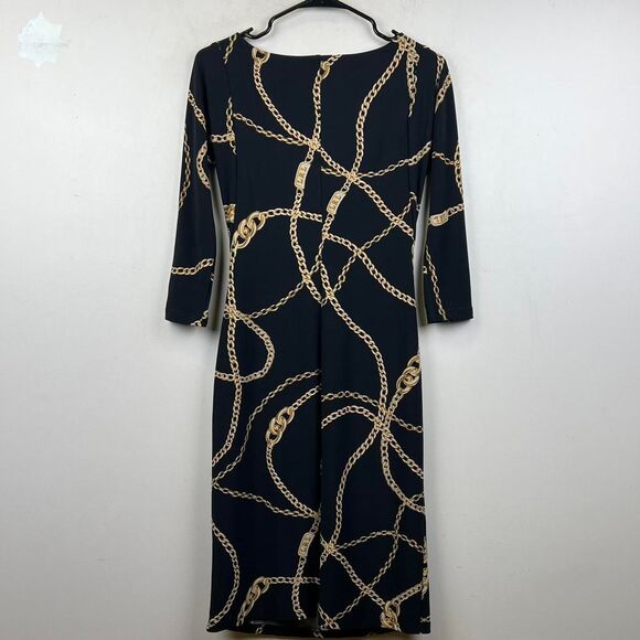 LAUREN RALPH LAUREN Black Gold Chain Link Jersey Dress Boat Neck Pullover Sz 4 - Picture 2 of 8